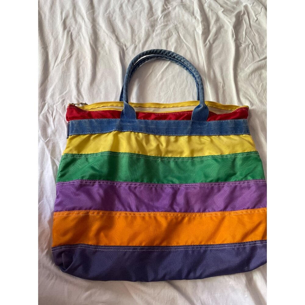 Rainbow Striped Tote Bag With Denim Handles & Zipper Closure Pride